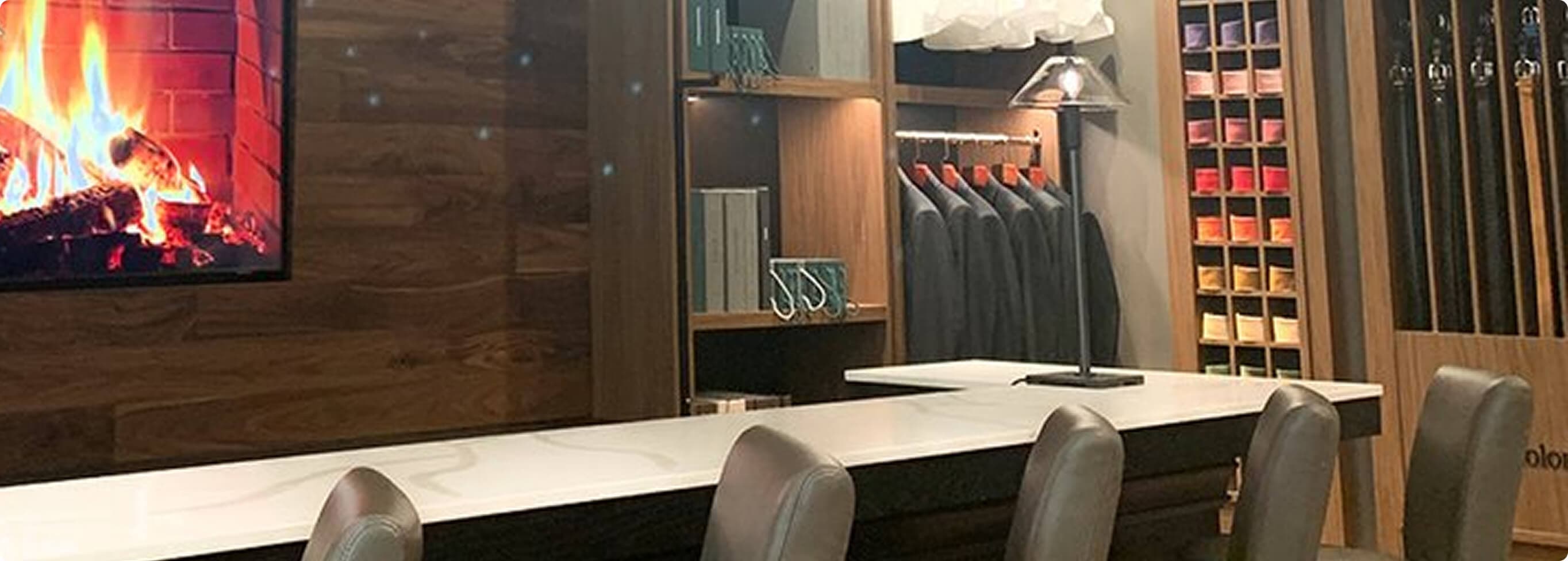 Hive & Colony showroom interior with fitting counter and fireplace.