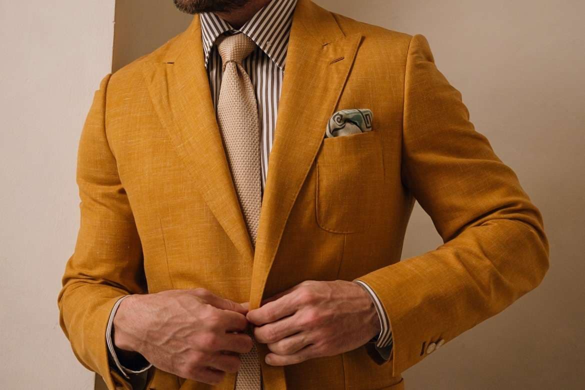Close-up of premium suit fabric texture.