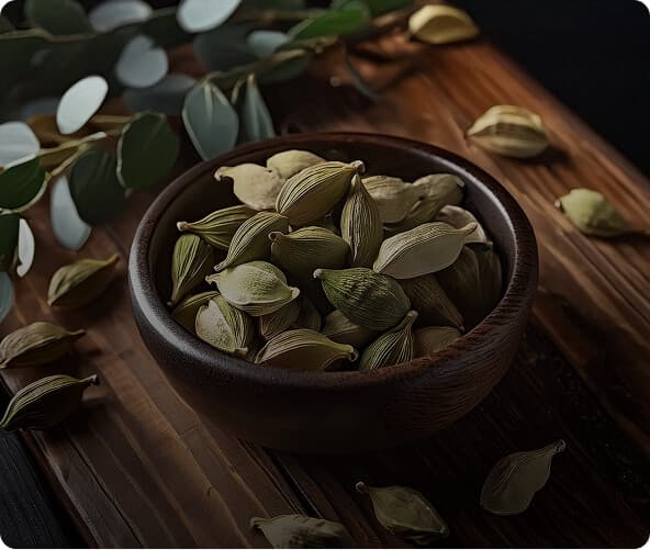 Cardamom pods in a wooden bowl with leaves on a table.