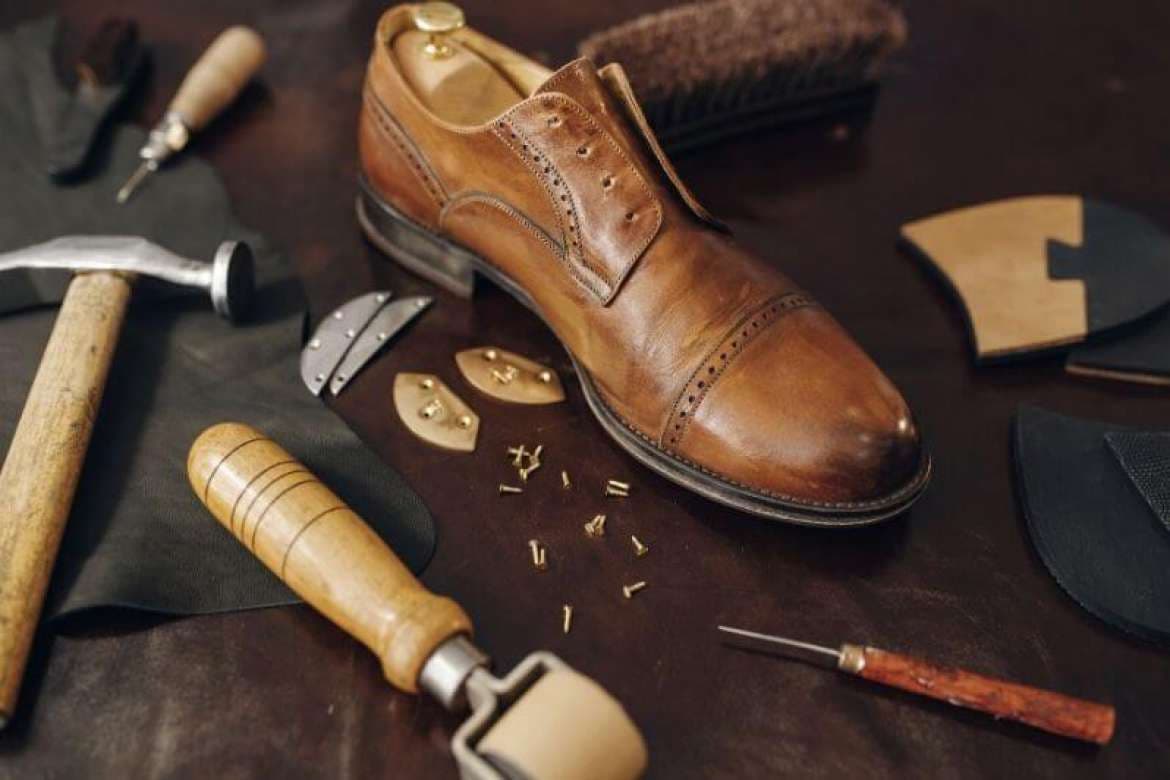 Handmade dress shoe details shown close up.
