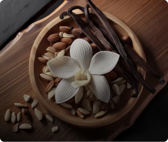 Vanilla flower, almonds, and vanilla beans in a wooden bowl.