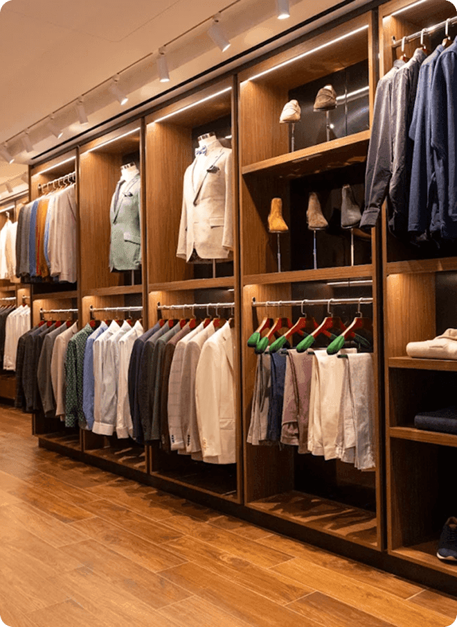 Madison showroom wall with shirts, jackets, shoes, and tailored displays.