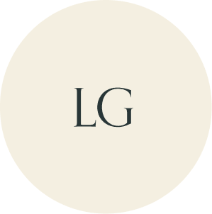 Cream circular monogram with LG initials.