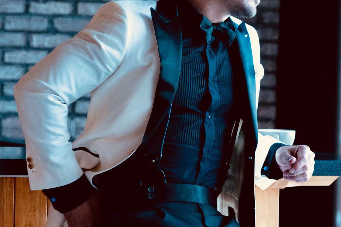Formal tuxedo and suit details shown side by side.