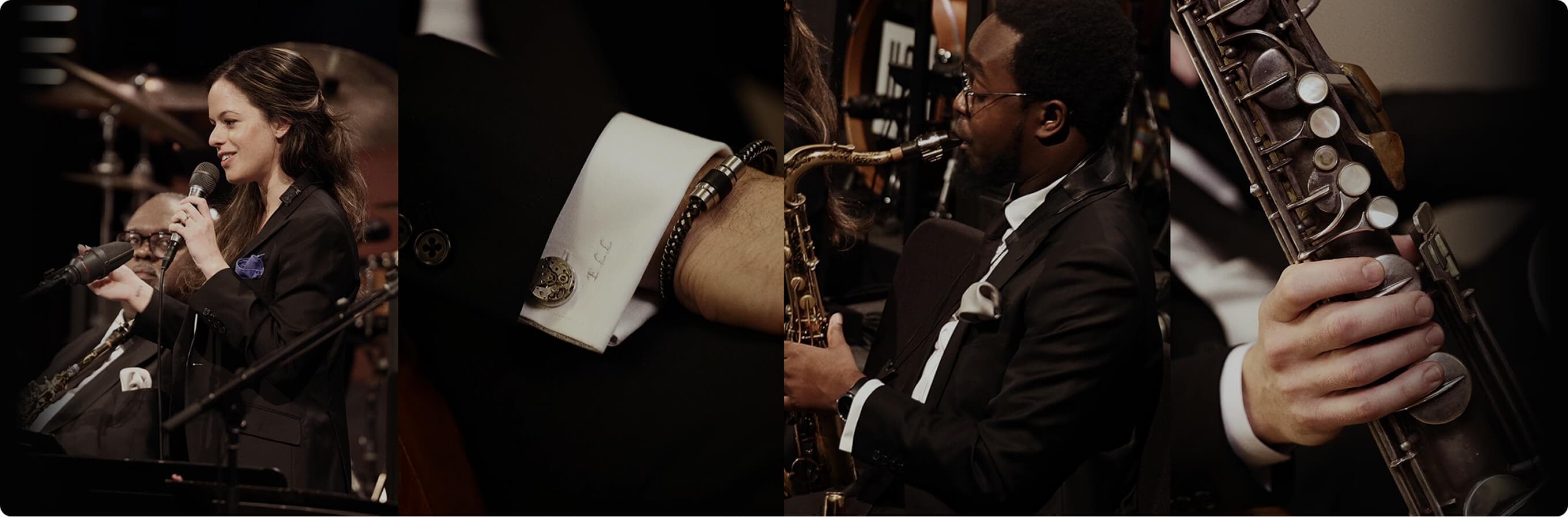 Jazz performance collage with singer, cufflink detail, saxophonist, and instrument close-up.