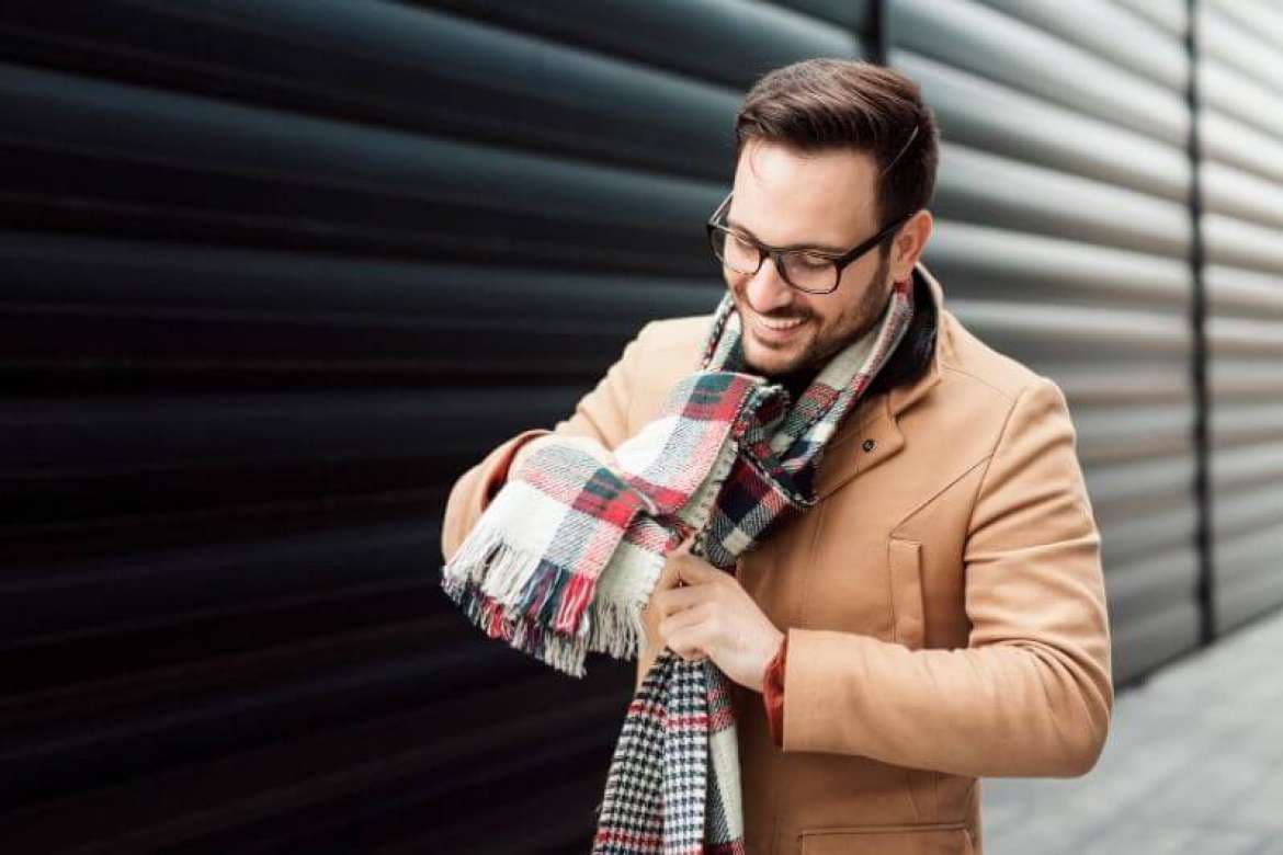 Man wearing a tailored winter suit and overcoat.