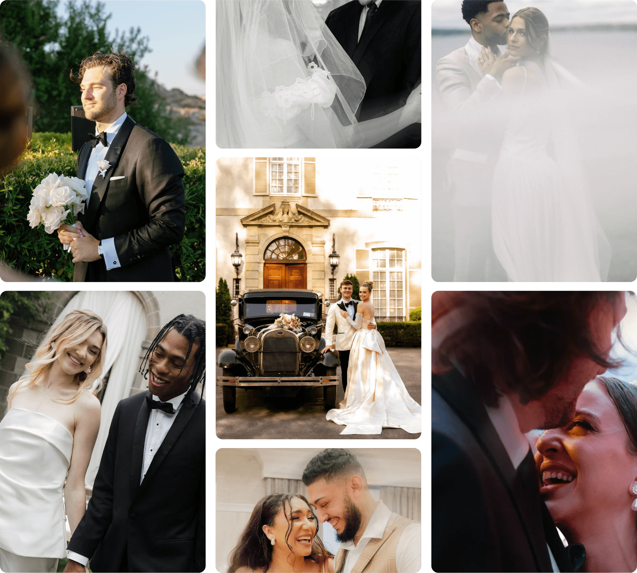 Wedding collage featuring couples, grooms, and celebration moments.