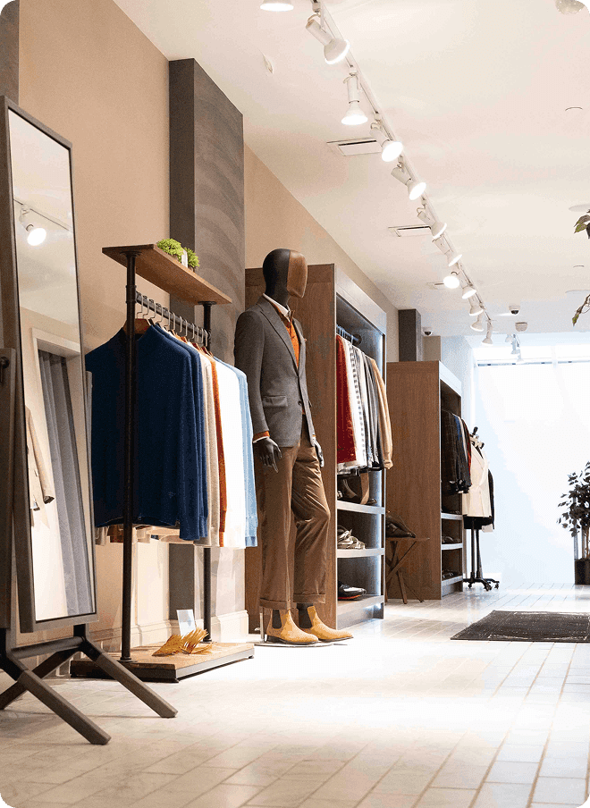 Showroom interior with a mannequin, colorful shirts, and tailoring displays.